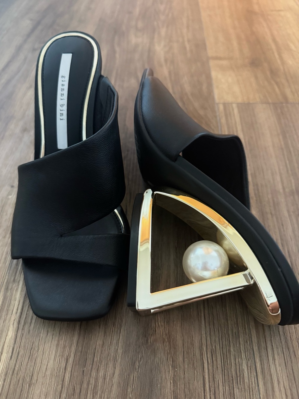 New Gianni Bini Black Leather Mules with Gold Sculptural Heel and Pearl Accent